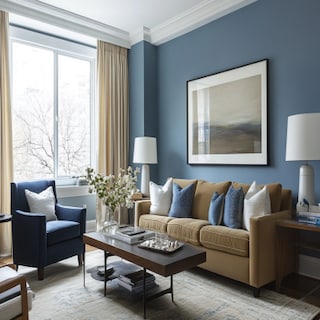 Modern Blue Living Room Wall Paint Design With Tan Brown And Dark Blue Sofa Set