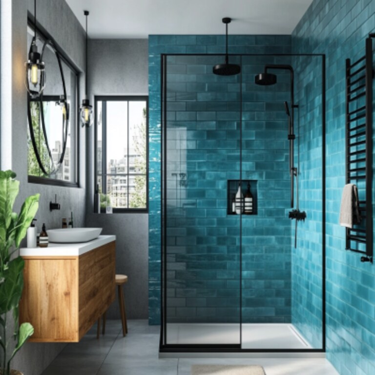 Scandinavian Bathroom Tiles with Blue Tiles and Glass Shower Enclosure