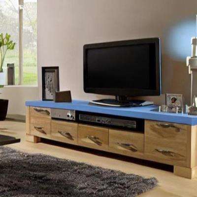 Rustic TV Unit Design in Blue Laminate with Wooden Drawers
