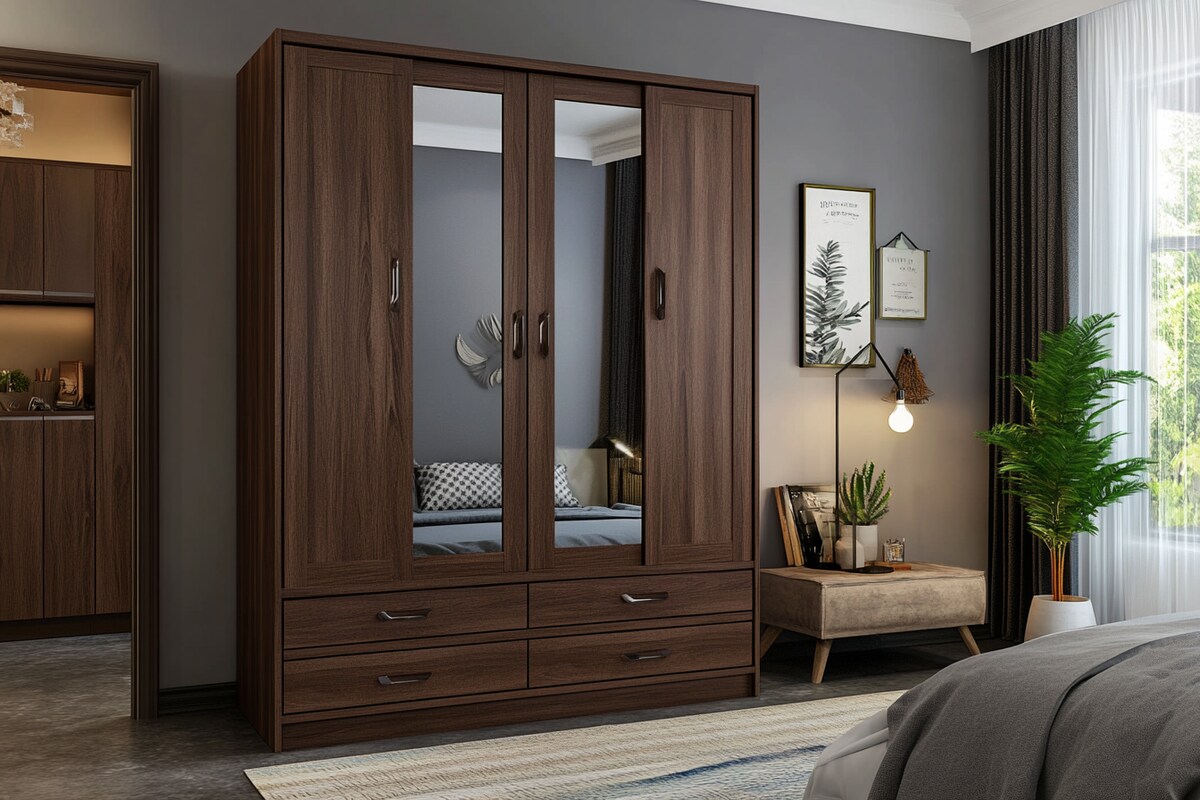 Cacao 4-Door Modern Swing Wardrobe Design in Suede Finish Cacao 4-Door Modern Swing Wardrobe Design in Suede Finish