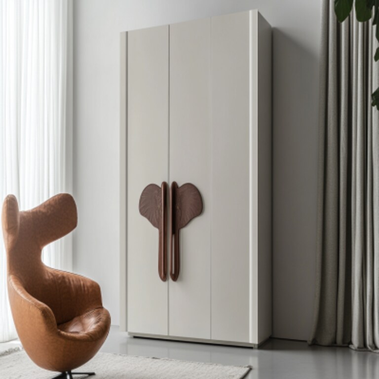 Modern 2-Door White Swing Wardrobe Design With Elephant Handles