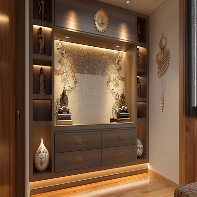 Contemporary Pooja Room Design With 4 Pullout Drawers