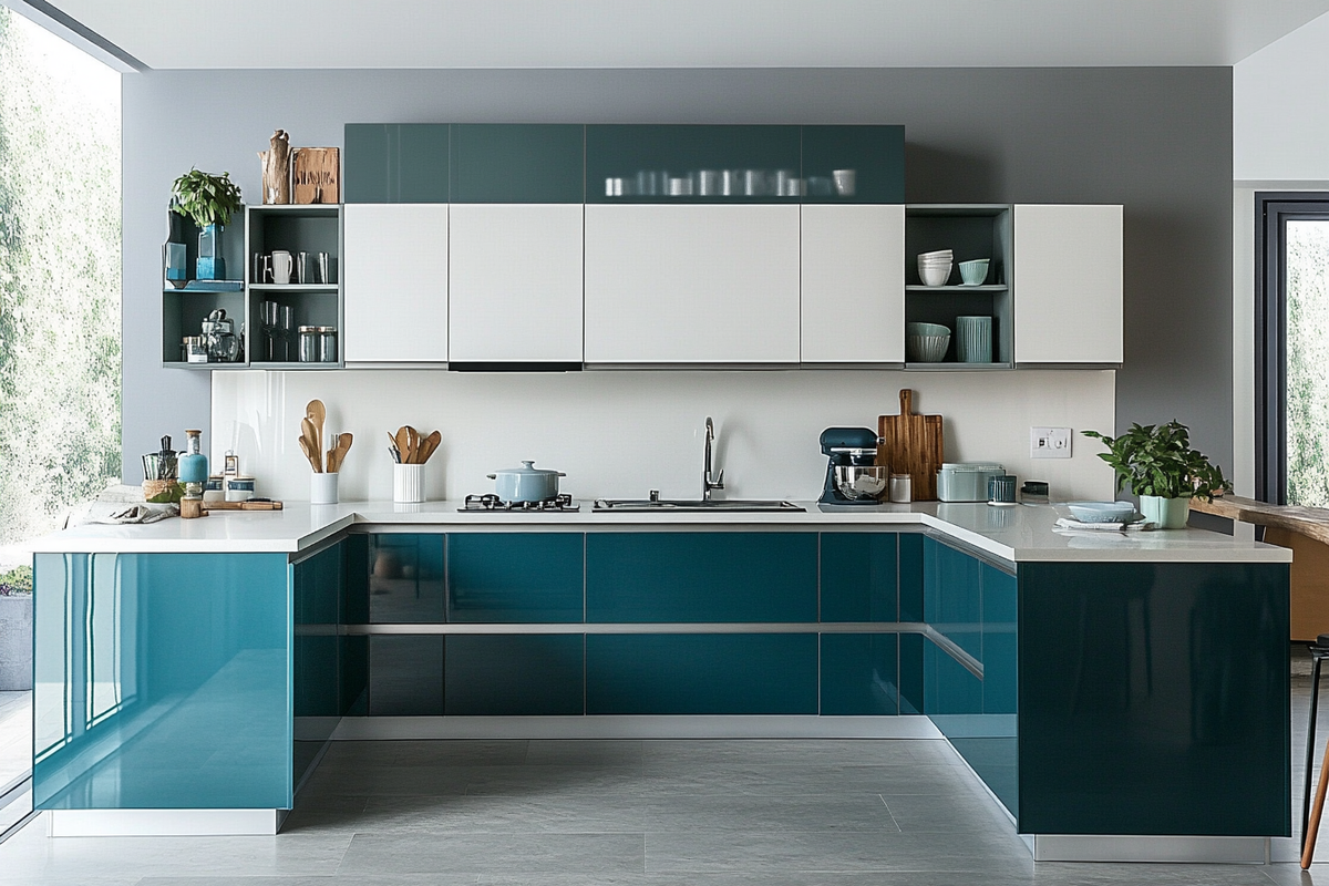 Modern White And Shore Blue Modular Indian Kitchen Design