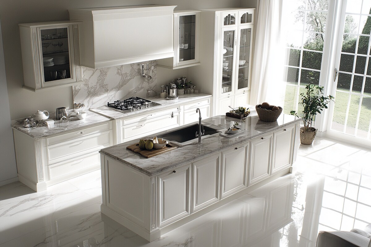 Modern White Modular Island Kitchen Design With Marble Kitchen Countertop