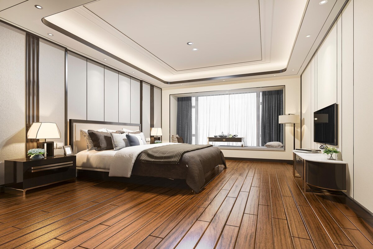 Amazing master bedroom with wooden flooring Amazing master bedroom with wooden flooring