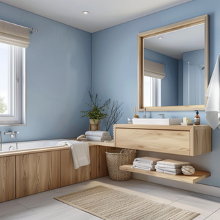 Scandinavian Blue And Cream Bathroom Design With Wooden Bathroom Cabinet