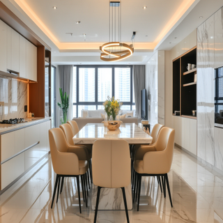 Contemporary 8-Seater Dining Room Design With Marble Countertop And Beige Upholstered Chairs