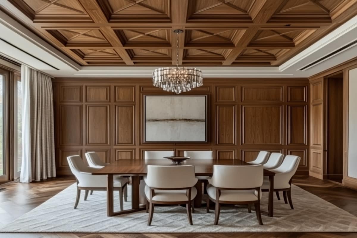 Transitional Wooden Panelled Dining Room Ceiling Design