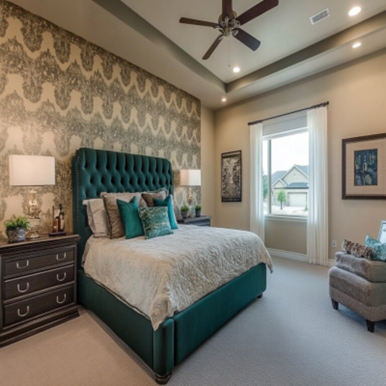 Contemporary Beige Master Bedroom Design With Damask Wallpaper And Dark Green Headboard