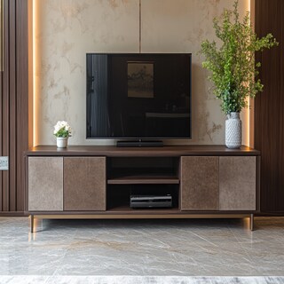 Walnut Bronze Modern TV Unit Design with Suede Finish