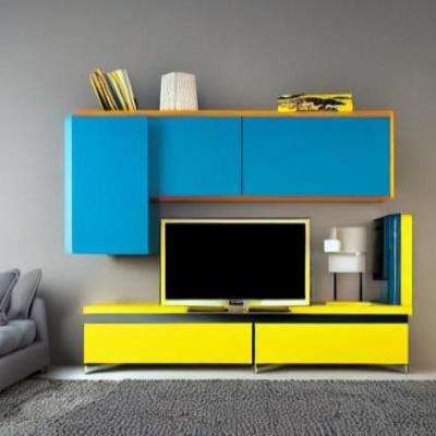 Modern TV Unit Design in Blue and Yellow Laminate