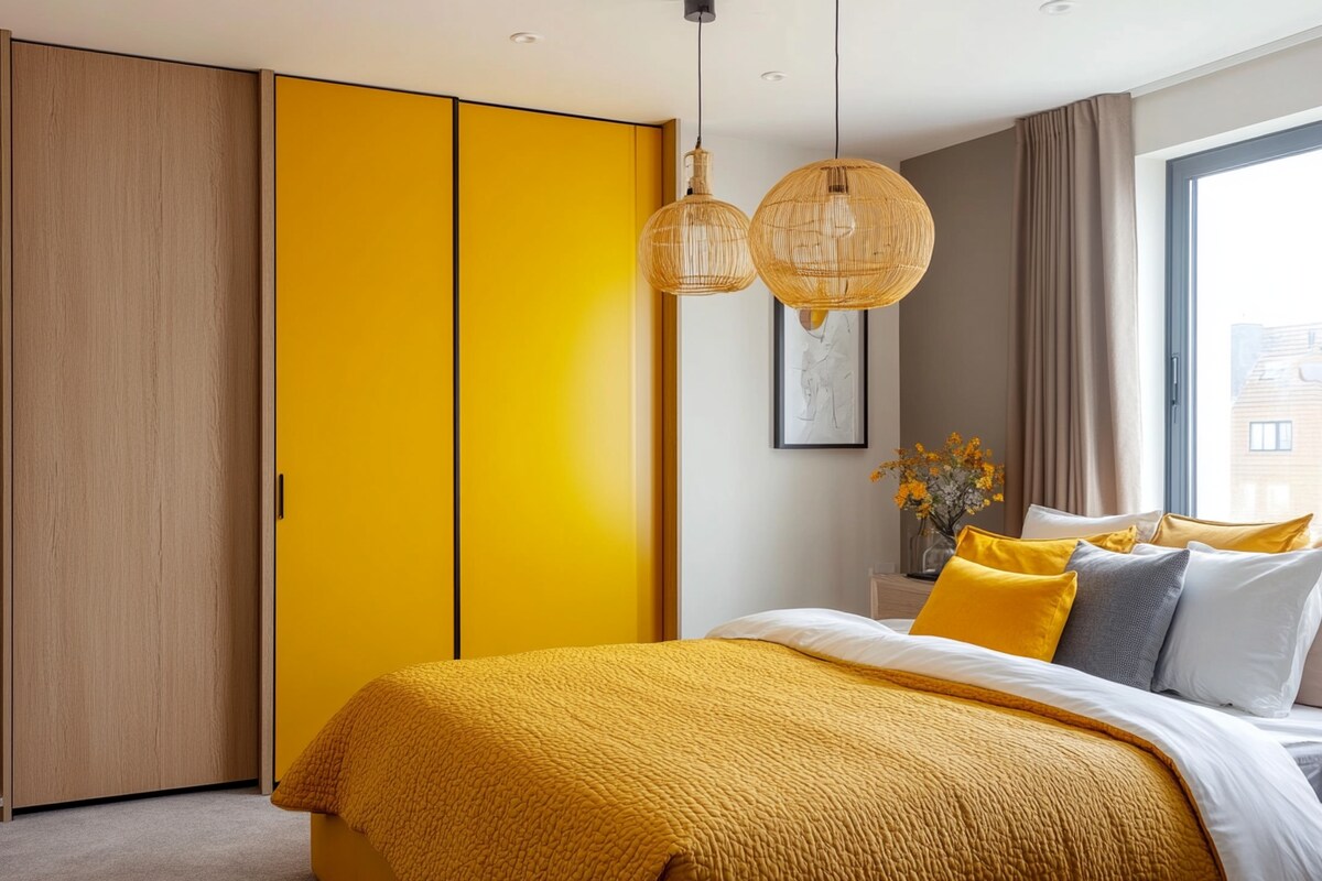 Modern Master Bedroom Design With Yellow Sliding Wardrobe