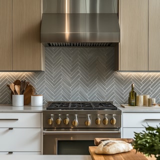 Modern Herringbone Ceramic Kitchen Tile Design in Grey and White