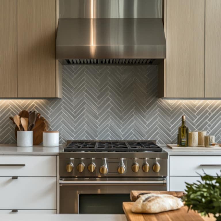 Modern Herringbone Ceramic Kitchen Tile Design in Grey and White