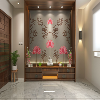 Modern Pooja Room Design With Floor-Mounted Wooden Storage And Grey Accent Wall With Lotus Motifs