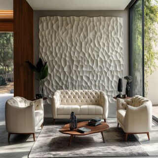 Modern Living Room Design with Cream Sofas and Textured Wall Paneling