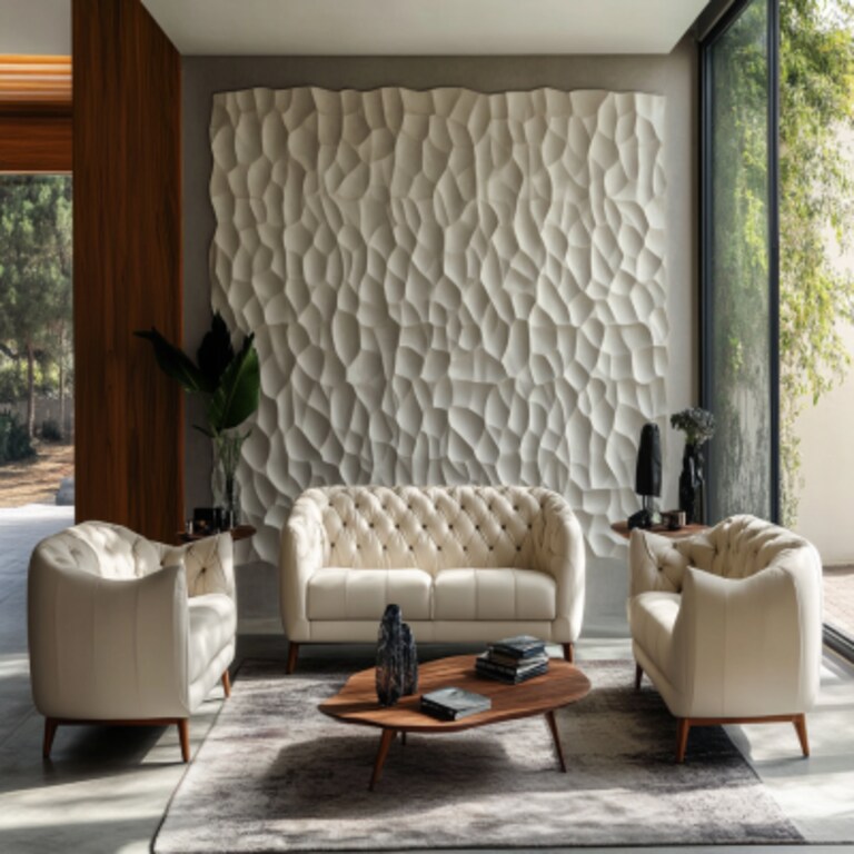 Modern Living Room Design with Cream Sofas and Textured Wall Paneling