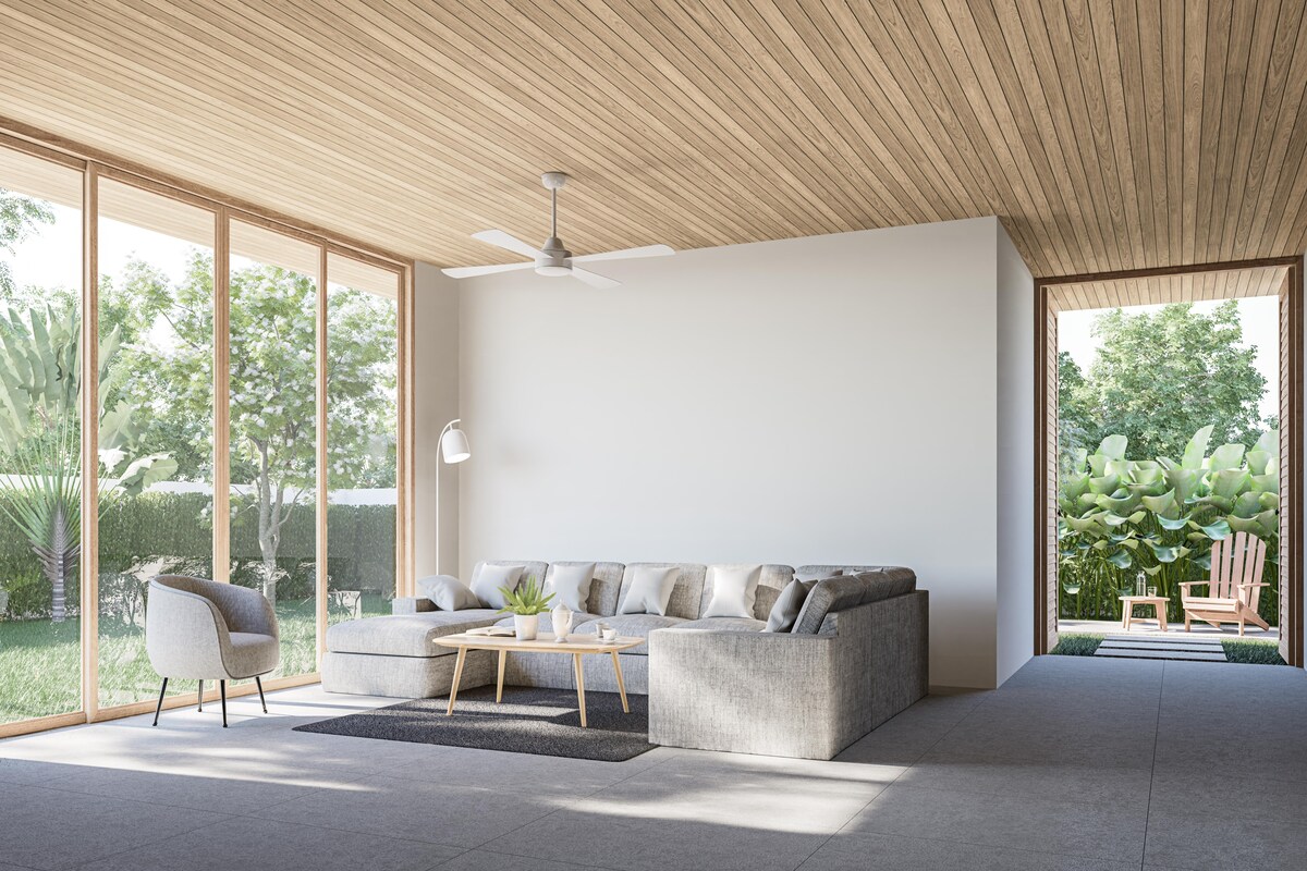 Living Room Design With Wooden Ceiling And Open View Living Room Design With Wooden Ceiling And Open View