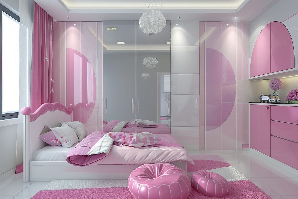 Contemporary Pink And White Girls Room Design With 3-door Swing Wardrobe