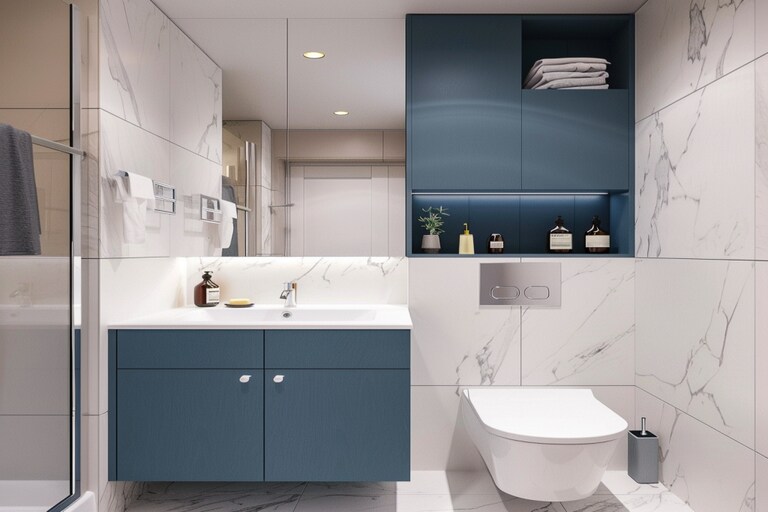 Contemporary White And Blue Small Bathroom Ideas With Grey 2-Door ...