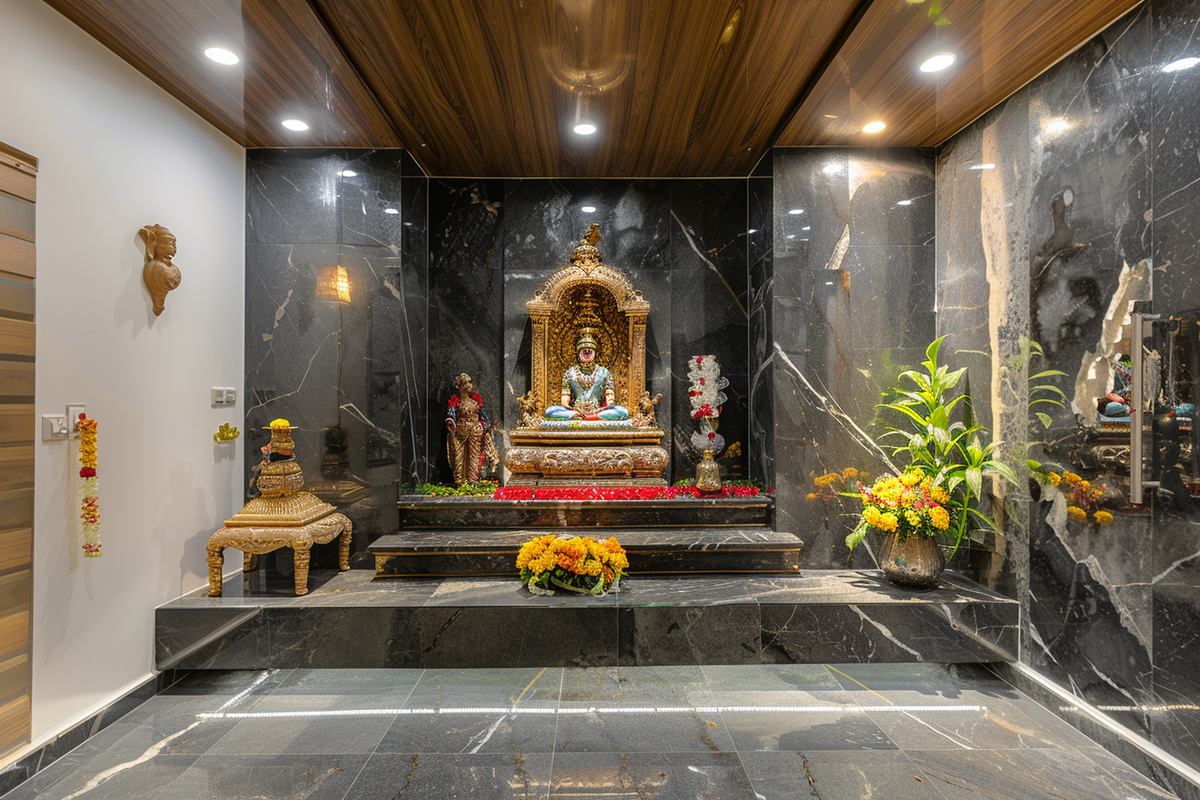 Indian Traditional Mandir Design With Grey Stone Cladding And Granite Console