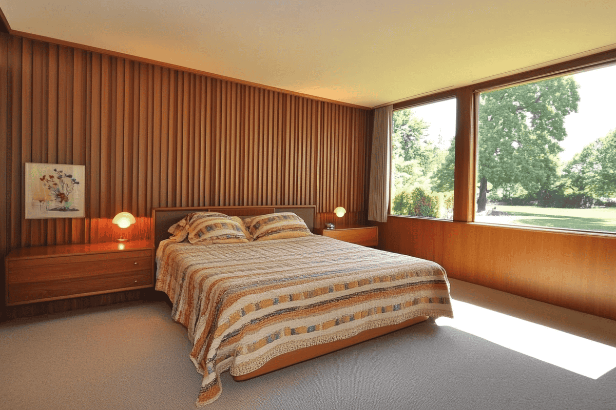 Mid-Century Modern Master Bedroom Design with Queen Bed and Fluted Wall Panels