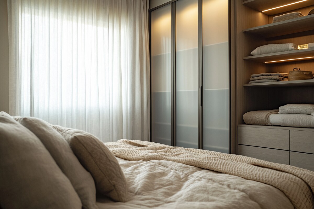 Modern 2-Door Swing Wardrobe Design With Glass Shutters And Open Storage Unit