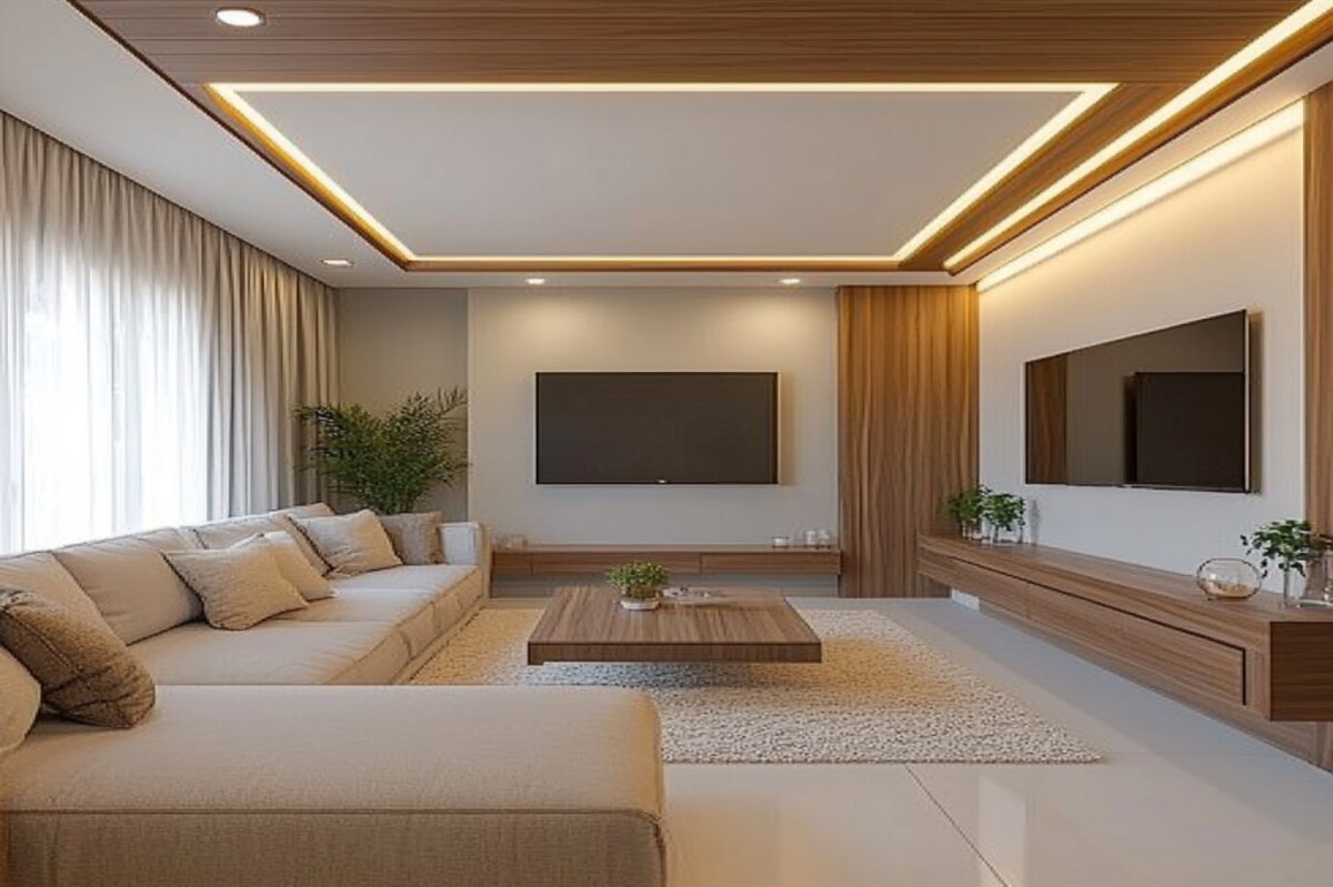 Contemporary Single-Layered Gypsum And Wooden Ceiling Design