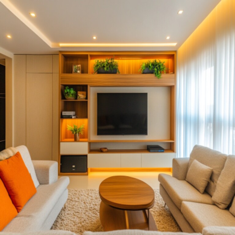 Modern TV Unit Design with Wall-Mounted Drawer and Open Shelf