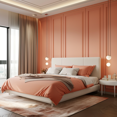 Contemporary Master Bedroom Design With Peach And White Wall Paint