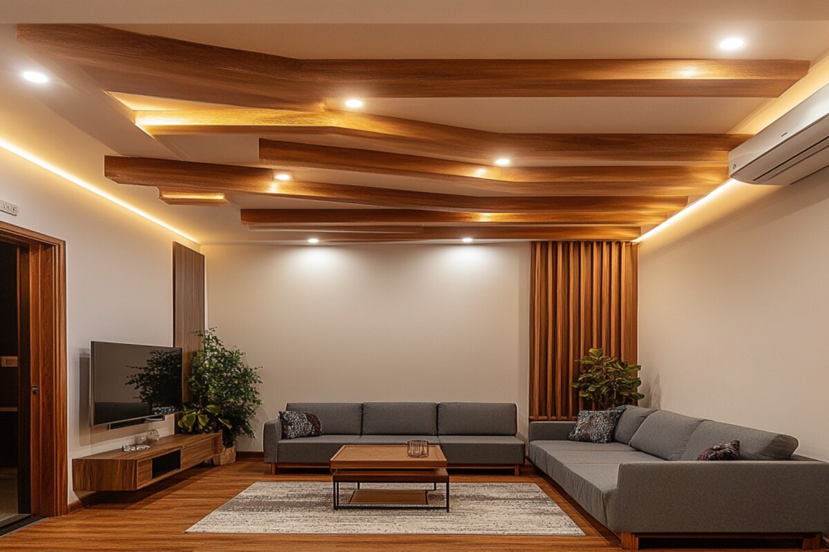 Modern Double False Ceiling Design With Paint And Wooden Beams