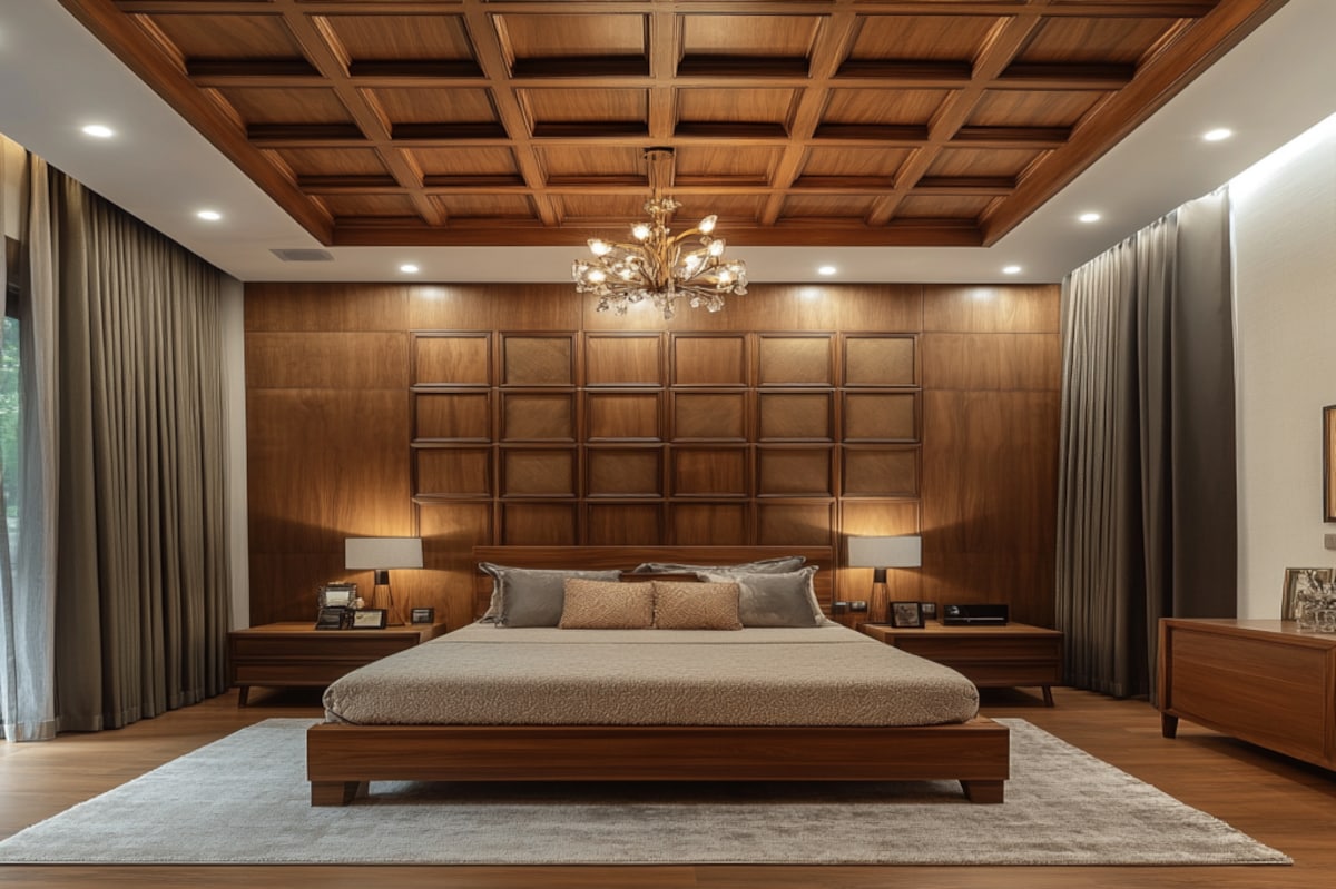 Single-Layered Wooden Ceiling Design With Square Panels And Chandelier