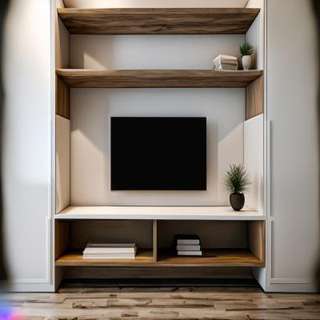 Modern TV Unit Design in White and Brown Laminate with Floating Shelves