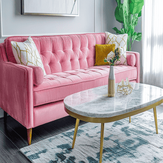 Vibrant Modern Living Room Design with Pink Sofa and Marble Coffee Table