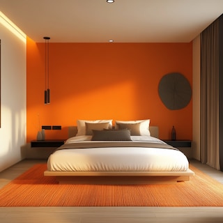 Compact Modern Master Bedroom Design With King Bed and Orange Wall