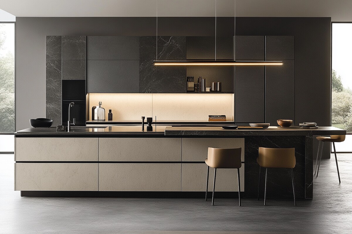 Contemporary Modular Parallel Grey Regalia Kitchen Design With Cream-Toned Backsplash