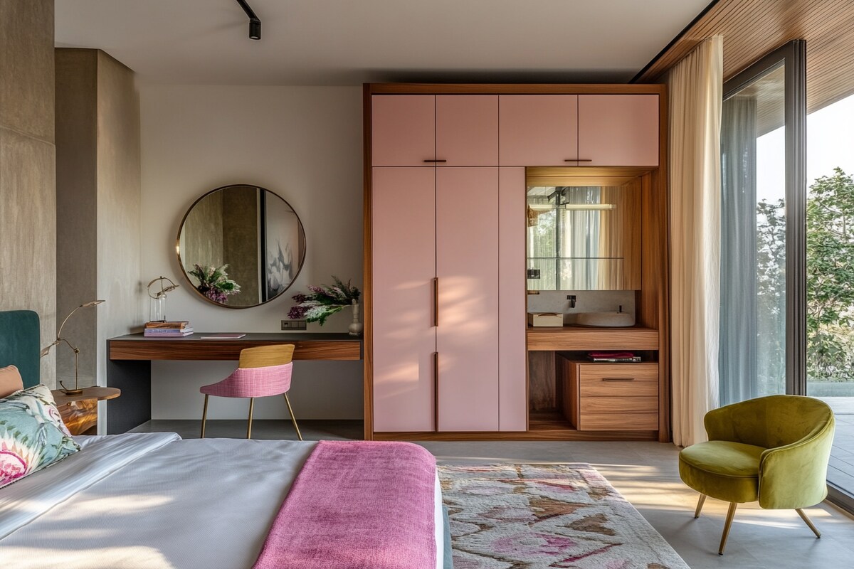 Contemporary Persian Pink Sliding Door Wardrobe With Mirror And Study Table