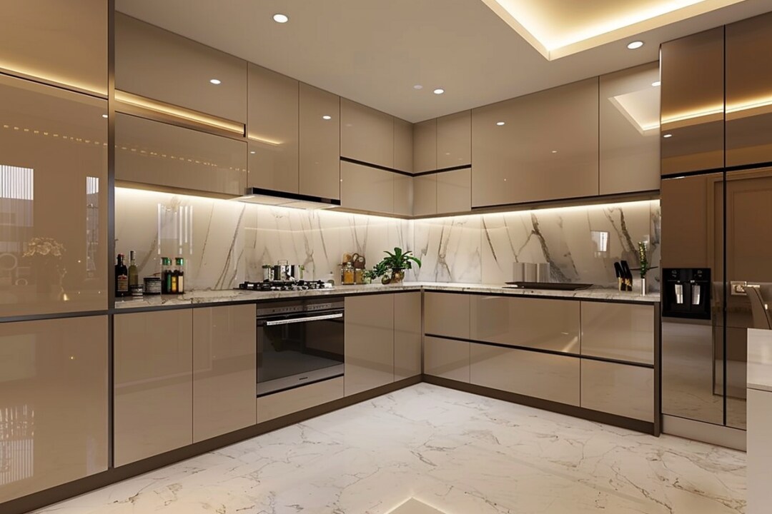 Modern Beige And Champagne Toned LShape Kitchen Design With HighGloss