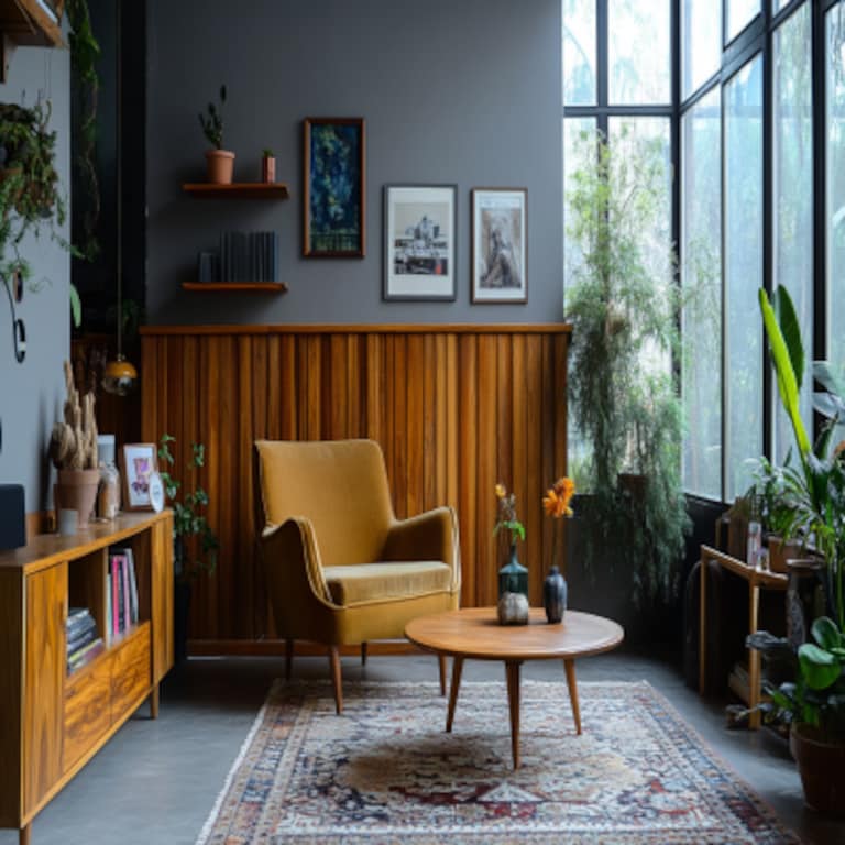 Eclectic Wall Design With Grey Wall Paint And Wooden Panelling