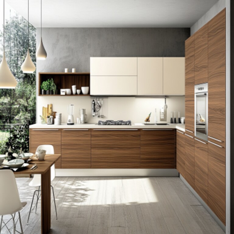 Modern Wood And Cream Open Regalia Kitchen Design With Dual Toned Flooring