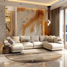 Modern Beige Living Room Design With L-Shaped Sectional Sofa And Wooden ...