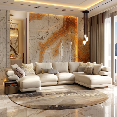 Contemporary Living Room Design With Off-White Sectional Sofa And Marble Wall Decor