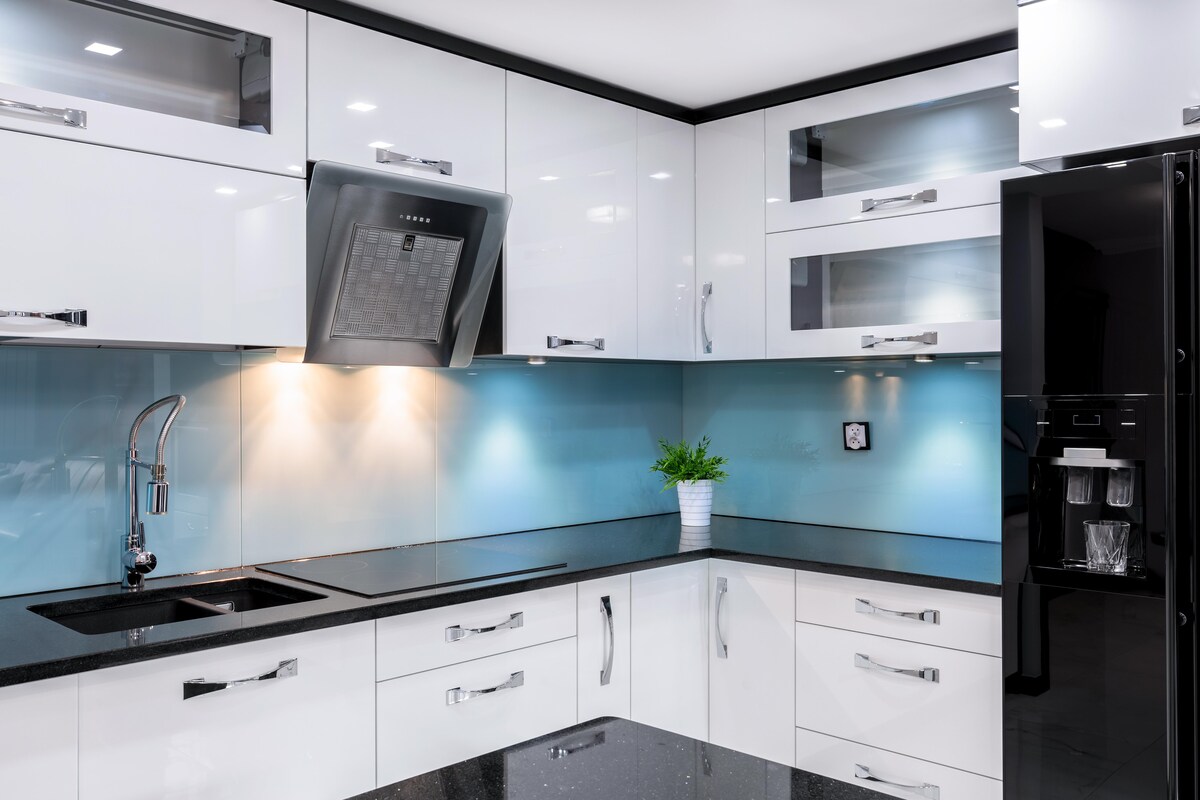 Glass Modular Kitchen with Sleek Lines Glass Modular Kitchen with Sleek Lines