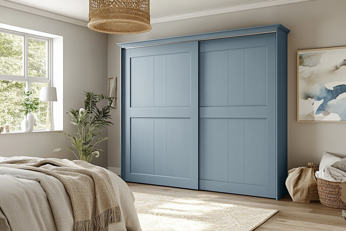 Contemporary 2-Door Sliding Door Wardrobe in Shore with Laminate Suede Finish