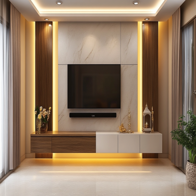 Modern TV Unit Design with Wall Mounted Drawer with Pooja Unit