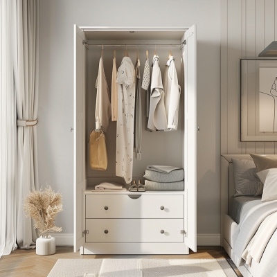 Minimal White 2-Door Swing Wardrobe With Drawer Storage