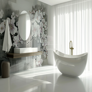 Modern White And Grey Bathroom Design With Floral Wall Design