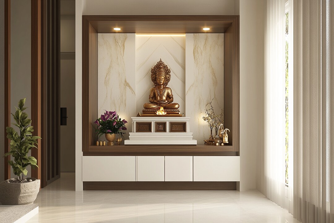 Modern White And Brown WallMounted Mandir Design With Drawer Storage