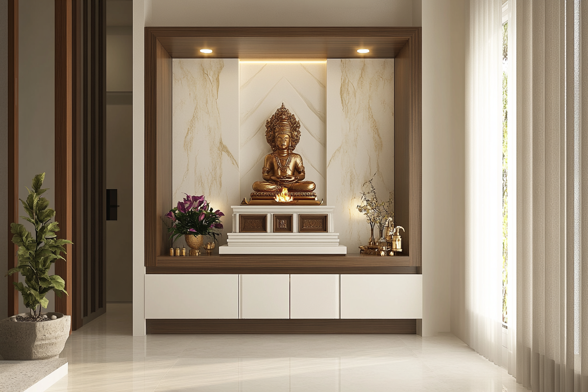 Modern White And Brown Wall-Mounted Mandir Design With Drawer Storage