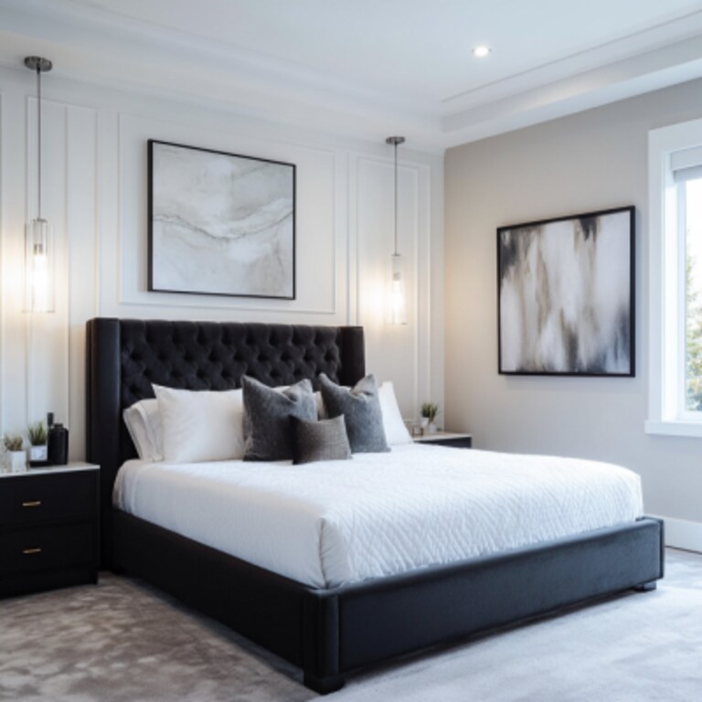 Modern Master Bedroom Design With Tufted Bed & Storage